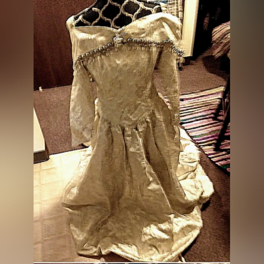 Cream and Gold Off-Shoulder Tiered Gown with Bishop Sleeves